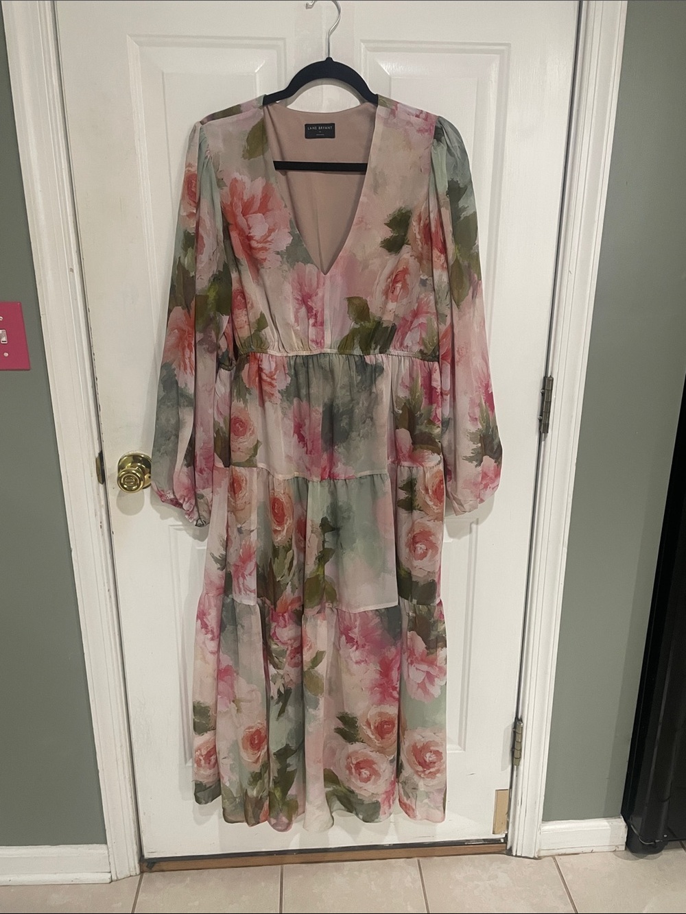 Lane Bryant Pink & Green Floral Tiered V-Neck Maxi Dress